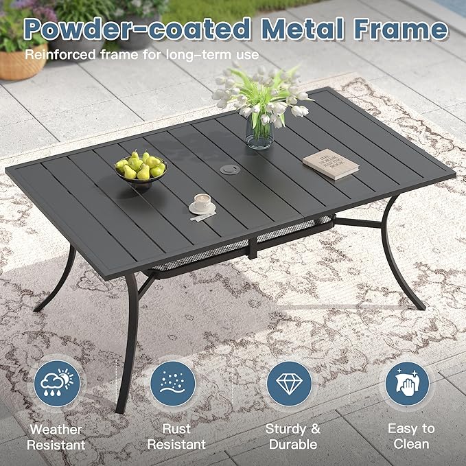 DIFY 59.2" Outdoor Patio Dining Table for 6, Metal Rectangular Steel Slat Patio Table with 1.57" Adjustable Umbrella Hole, Weather-Resistant for Garden Backyard Poolside Deck, Black