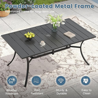 DIFY 59.2" Outdoor Patio Dining Table for 6, Metal Rectangular Steel Slat Patio Table with 1.57" Adjustable Umbrella Hole, Weather-Resistant for Garden Backyard Poolside Deck, Black