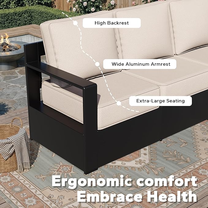 Aluminum Patio Sofa - 3-Seater Outdoor Couch with 6" Thick Removable Cushions, All-Weather Metal Frame - Photo 5