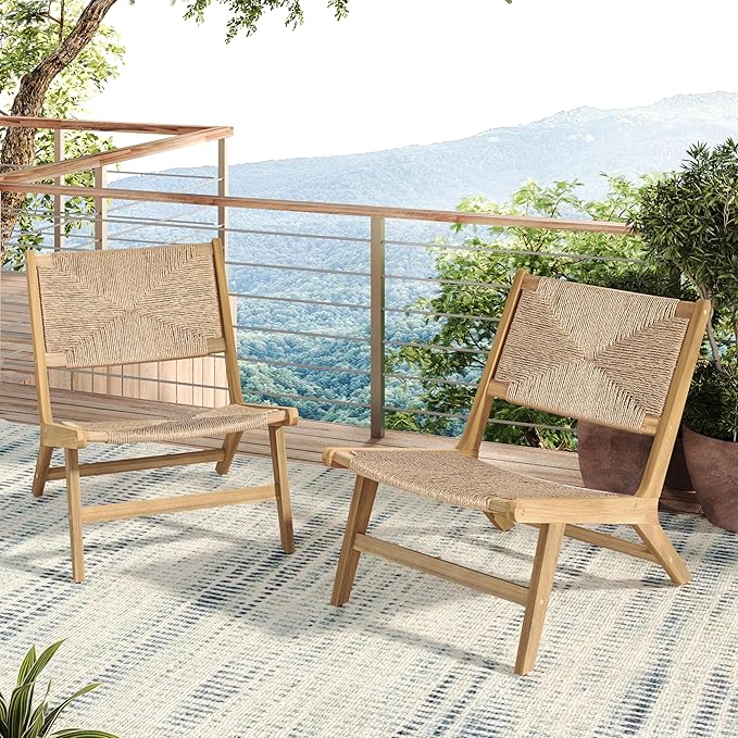 GDFStudio Acacia Wood Outdoor Lounge Chairs Set of 2, Weather-Resistant Natural PE Wicker - Photo 1