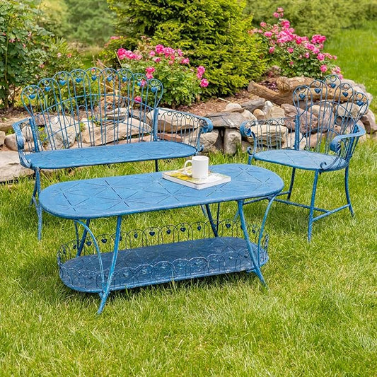 Zaer Ltd. Vintage Style Metal Patio Furniture with Heart Design Accents, Outdoor/Indoor Decor (Vintage Blue, Set of 3 (Bench, Table, Chair))