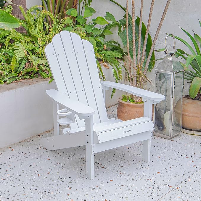 SNAN Adirondack Chair Weather Resistant with Cup Holder, Chair for Patio&Lawn & Garden,Poly Lumber,Fade-Resistant,All-Weather,Wood-Like Processing and Sturdy Outdoor Chair (White)