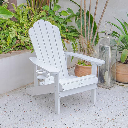 SNAN Adirondack Chair Weather Resistant with Cup Holder, Chair for Patio&Lawn & Garden,Poly Lumber,Fade-Resistant,All-Weather,Wood-Like Processing and Sturdy Outdoor Chair (White)