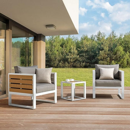 Outdoor Sofa Set, 18 Inch Square Slatted Side Table, 2 Armchairs, 4.7'' Thick Cushions and Pillows, Powder-Coated Aluminum and Imitation Wood Frame, Polyester Fabric, for Patio, Garden and Backyard