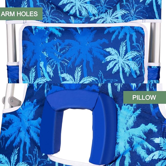 Romswi 3 in 1 Beach Chair with Face Hole, Reclining Sun Tanning Lounge Chair with Foot Rest, Cooler Bag & Cup Holder for Outdoor,Royal Blue with Palm Tree Print