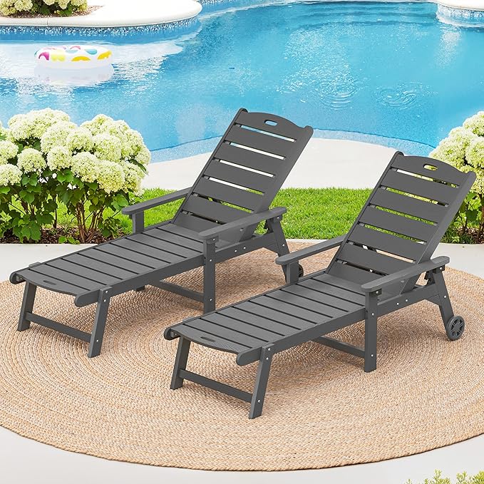 LUE BONA Outdoor Chaise Lounge Chairs Set of 2, HDPS Chaise Lounger, 5 Positions Adjustable Lounge Chairs - Photo 1