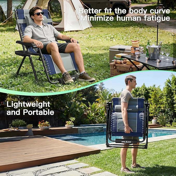 Amopatio Zero Gravity Reclining Patio Chair XXL Foldable Lounge Chair with Removable Cup Holder/Headrest/Footrest 500LBS Capacity Portable for Outdoor Patio Pool Backyard,Blue-Gray