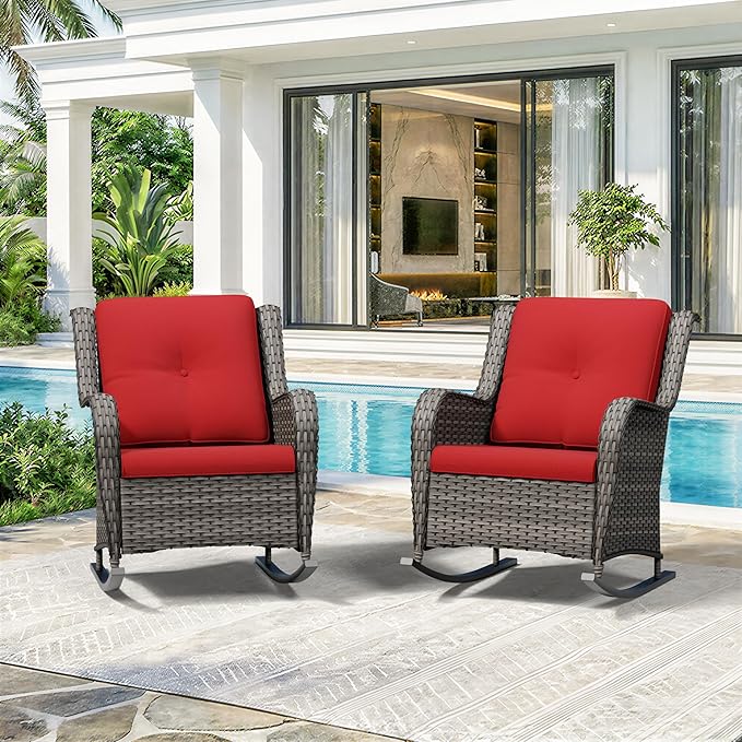Patio Rocking Chairs Set of 2, Outdoor Wicker Patio Furniture Set 2 Pieces with Thickened Olefin Cushions - Photo 7