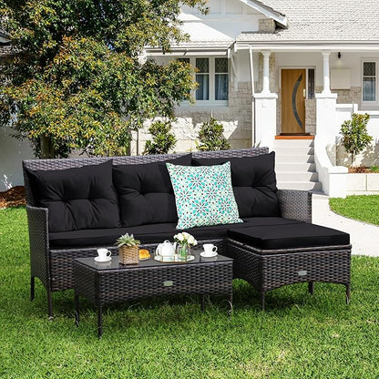 Tangkula 3 Pieces Patio Conversation Set, All Weather Outdoor PE Rattan Wicker Furniture Set with Padded Cushions, Tempered Glass Coffee Table, for Poolside, Backyard, Garden
