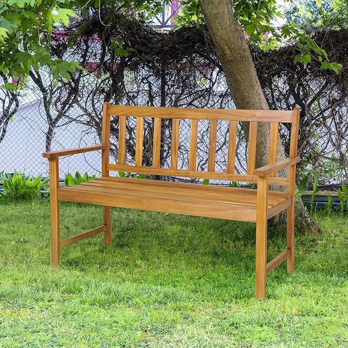 RELAX4LIFE Outdoor Bench Acacia Wood - 2-Person Garden Bench w/800 Lbs Weight Capacity, Slatted Wooden Loveseat w/Backrest & Armrests, Patio Park Chair for Front Porch Poolside Park Backyard (48'')