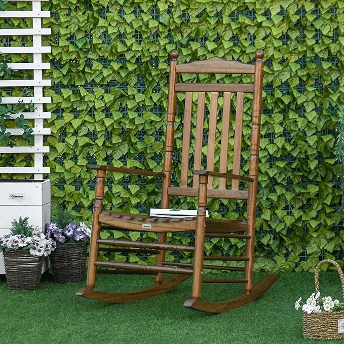 Outsunny Traditional Wooden High-Back Rocking Chair for Porch, Indoor/Outdoor, Brown