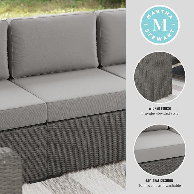 Martha Stewart Bedford Indoor-Outdoor Modular Patio Sectional Sofa Center Seat with Rattan Wicker Finish in Gray with - Photo 4