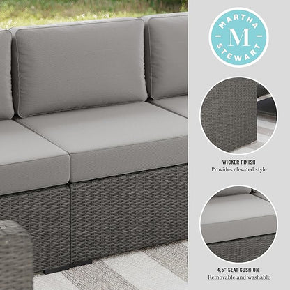 Martha Stewart Bedford Indoor-Outdoor Modular Patio Sectional Sofa Center Seat with Rattan Wicker Finish in Gray with Gray All-Weather Cushions