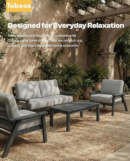 HDPE 5 Piece Patio Furniture Set, Outdoor Couch with Washable Thick Gray Cushions & Coffee Table & Side Table, Outdoor Sectional Furniture for Backyard, Deck, Lawn, Porch (Gray Frame)