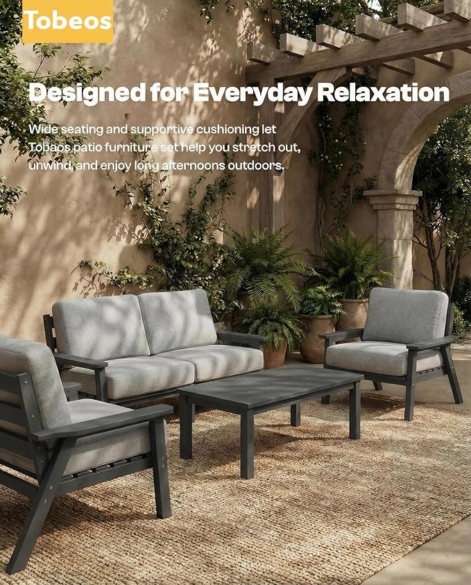 HDPE Patio Furniture Set 4 Seats, Outdoor Couch with Washable Thick Gray Cushions & Coffee Table & Side Table, Outdoor Sectional Furniture for Backyard, Deck, Lawn, Porch (Gray Frame)