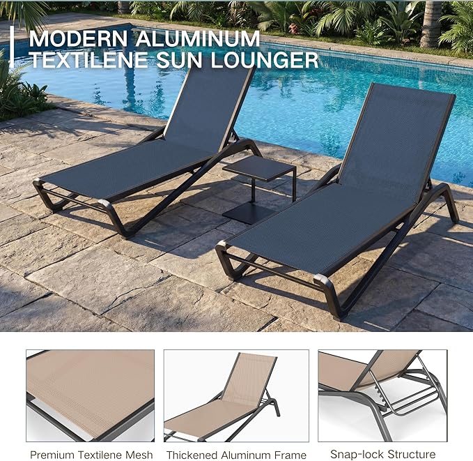 Kingdura Chaise Lounge Chairs Set for Pool, Aluminum Outdoor Lounge Chairs with 5 Positions Recliner, Lightweight Pool Lounger Lounge Chairs for Outside Patio Deck Poolside (Navy Blue, 1 Chair)