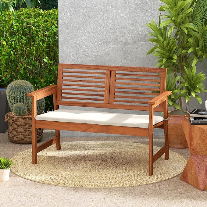 HAPPYGRILL Outdoor Wood Bench Patio Solid Wood Loveseat with Comfortable Backrest & Cushions, Breathable Slatted Seat, Outside Loveseat Chair for Balcony Porch Garden