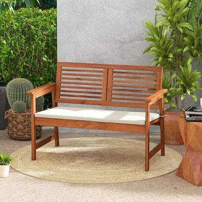 HAPPYGRILL Outdoor Wood Bench Patio Solid Wood Loveseat with Comfortable Backrest & Cushions, Breathable Slatted Seat, Outside Loveseat Chair for Balcony Porch Garden
