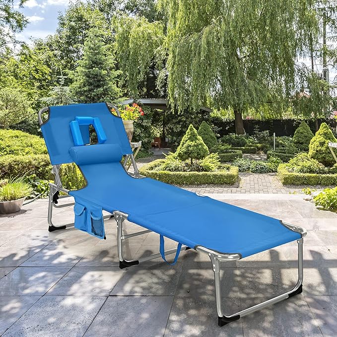 GYMAX Tanning Chair, Folding Beach Lounger with Face Arm Hole, Adjustable Backrest, Side Pocket, Pillow & Carry Handle, Outside Sunbathing Lounge Chair for Patio, Poolside, Lawn (2, Navy)