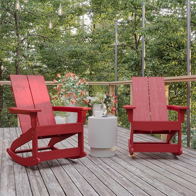 Flash Furniture Finn Modern Commercial Poly Resin Wood Adirondack Rocking Chair - All Weather Red Polystyrene - Dual Slat Back - Stainless Steel Hardware - Set of 2