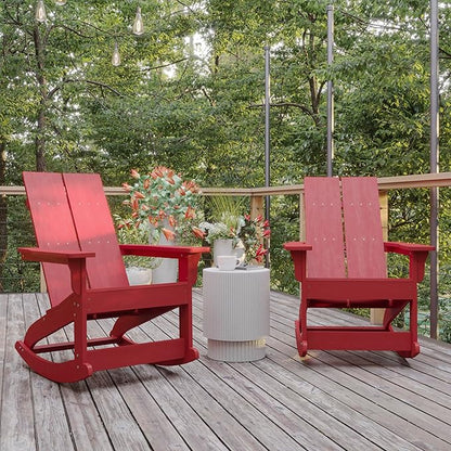 Flash Furniture Finn Modern Commercial Poly Resin Wood Adirondack Rocking Chair - All Weather Red Polystyrene - Dual Slat Back - Stainless Steel Hardware - Set of 2