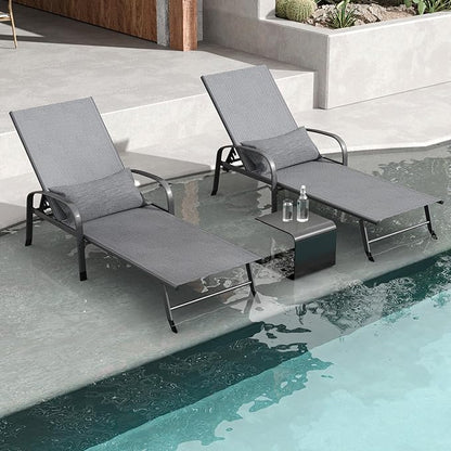Outdoor Chaise Lounge Chair Set of 2 Adjustable Pool Lounge Chairs with Lumbar Pillow Outside Tanning Chairs for Beach Deck Backyard Lawn