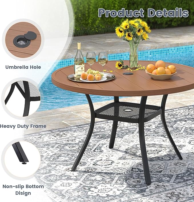 VICLLAX Round Patio Dining Table for 4-6, Outdoor Metal Dining Table with Umbrella Hole for Deck Lawn Garden Backyard, 47.2" Walnut