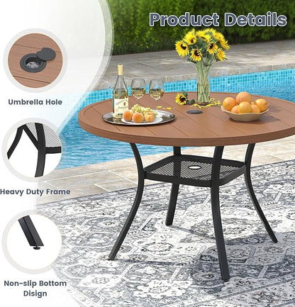 VICLLAX Round Patio Dining Table for 4-6, Outdoor Metal Dining Table with Umbrella Hole for Deck Lawn Garden Backyard, 47.2" Walnut