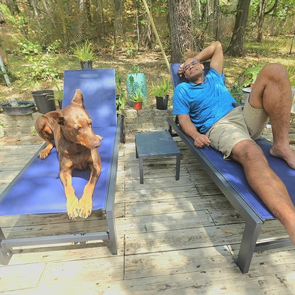 PURPLE LEAF Outdoor Chaise Lounge with Wheels for Outside Aluminum 4 Pieces Patio Lounge Chair with 5 Adjustable Position Recliner for Patio Beach Yard Pool Side Table Included Navy Blue