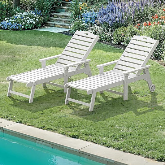LUE BONA Lounge Chair Outdoor Set of 2, HDPS Chaise Lounge Outdoor with Wheels, 5 Positions Adjustable Pool Lounger Chairs for Outside, Patio, White