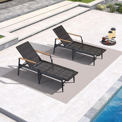 PURPLE LEAF Outdoor Chaise Lounge Chair Set of 2 Patio Pool Lounger Wicker Chairs with Wooden Armrest Sunbathing Tanning Recliner for Pool Backyard Garden Dark Brown
