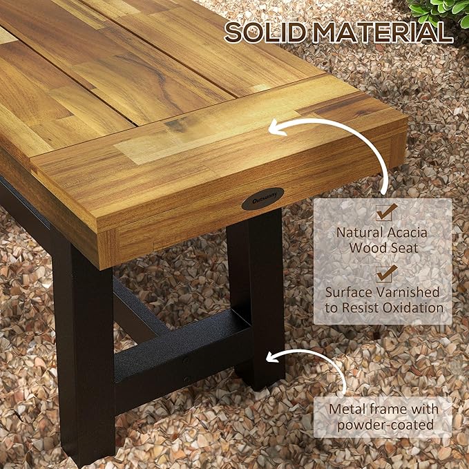 Wooden Outdoor Garden Bench, Park Bench with Acacia Wood Seat, Front Porch Bench with Metal Frame for Conservatory, Poolside, Deck, 63" x 14.25" x 18", Natural