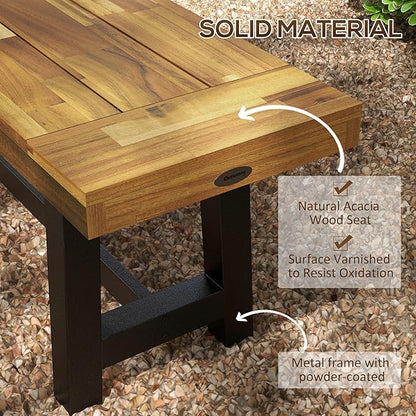 Wooden Outdoor Garden Bench, Park Bench with Acacia Wood Seat, Front Porch Bench with Metal Frame for Conservatory, Poolside, Deck, 63" x 14.25" x 18", Natural