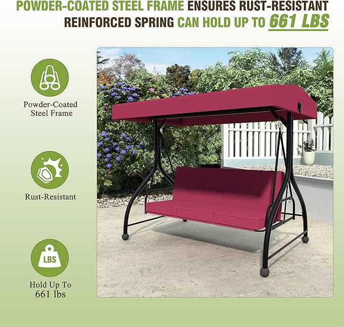 MUPATER 2-in-1 Patio Porch Swing Chair, 3-Seat Outdoor Canopy Swing Glider with Stand and Cushions for Backyard, Deck and Poolside, Wine Red