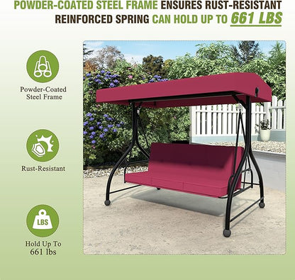 MUPATER 2-in-1 Patio Porch Swing Chair, 3-Seat Outdoor Canopy Swing Glider with Stand and Cushions for Backyard, Deck and Poolside, Wine Red