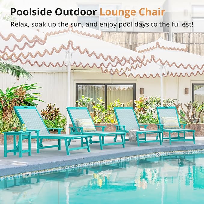 LUE BONA Chaise Lounge Chair Outdoor Set of 4, HDPS and HDPE Wicker Chaise Lounger with 5 Positions, Pool Lounge Chairs with Wheels and Adjustable Backrest for Patio, Poolside, Deck, Backyard