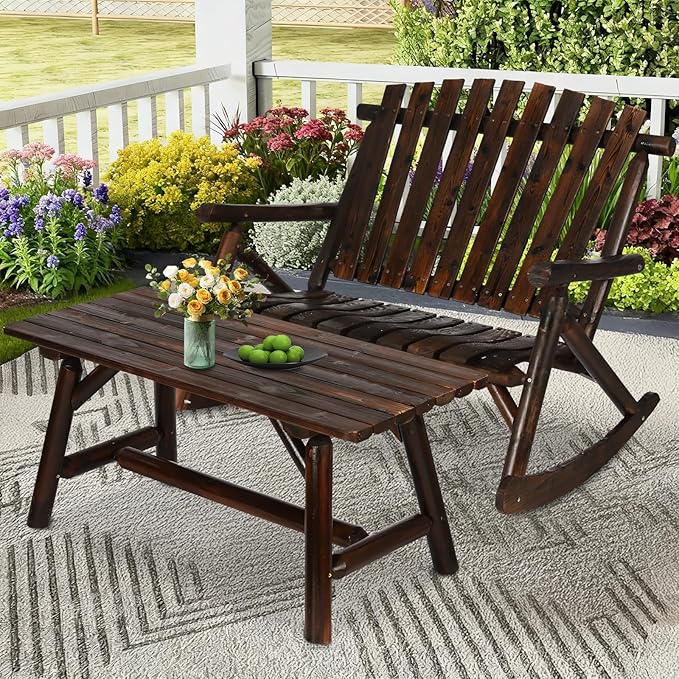 Patio Wooden Rocking Bench, Outdoor Conversation Sets with 2-Seater Adirondack Porch Rocker Loveseat and Coffee Table, Patio Rustic Log Rocker Bench for Deck, Backyard, Garden, Carbonized