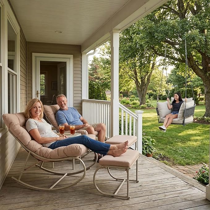 Outdoor Rocking Chairs Set of 2, Modern Papasan Rocking Chairs with Cushions - Photo 4