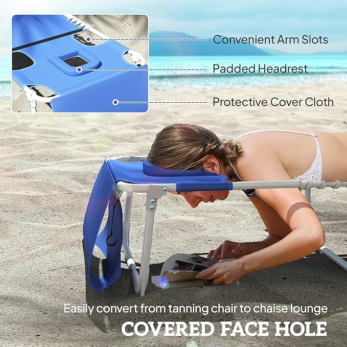 Outsunny Tanning Chair Set of 2 with Face Hole, Side Table, 5-Position Reclining Folding Chaise Lounge Chair Outdoor Lounger Recliner, Carry Straps for Beach Pool Camp, Breathable Mesh, Navy Blue
