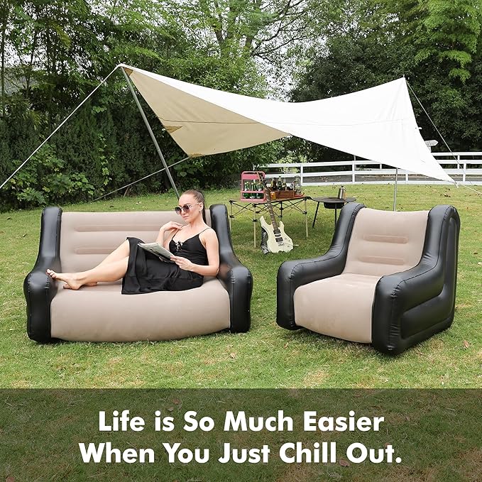 Large Inflatable Leisure Chair, Inflatable Sofa Chair for Outdoor and Indoor Use (Black+Grey, Single Chair)