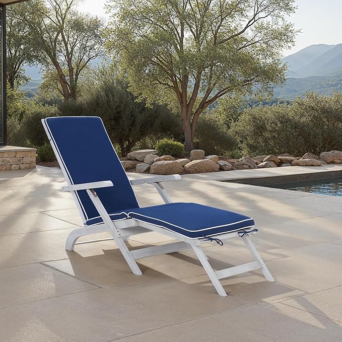 SAFAVIEH Outdoor Collection Palmdale Grey Solid Wood/Navy Cushion Chaise Lounge Chair (PAT7015B)
