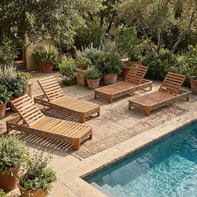 Christopher Knight Home Lamon Acacia Wood Chaise Lounge Chair Outdoor Set of 4, Woven Rope Accents - Photo 4