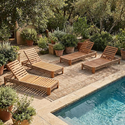 Christopher Knight Home Lamon Acacia Wood Chaise Lounge Chair Outdoor Set of 4, Woven Rope Accents, Solid Wood Patio Chaise Lounge, Poolside Sun Lounger, Adjustable Backrest Sunbathing Chair, Natural