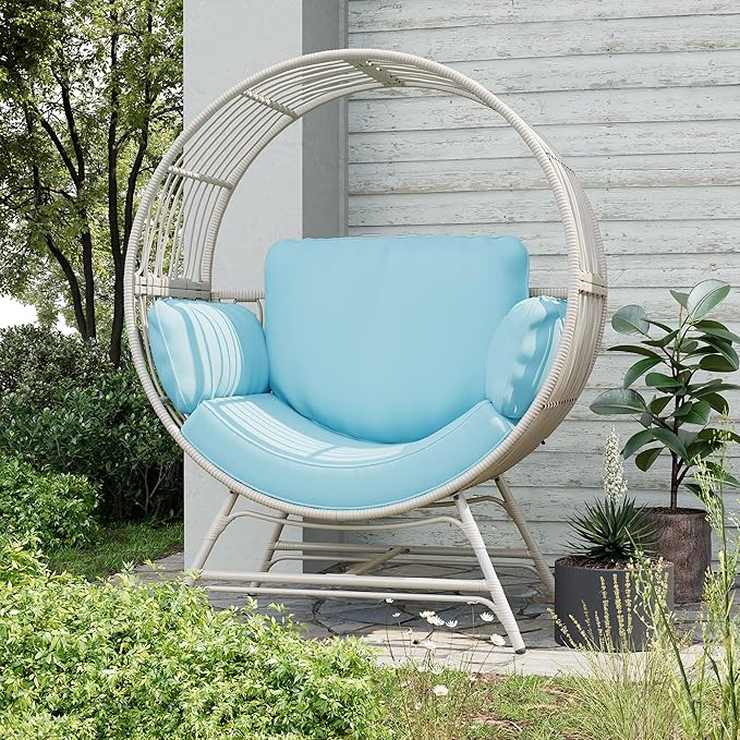 Fancyango Egg Chair Outdoor Indoor, Oversized Rattan Chair with Thicken Cushion, 350LBS Capacity Wicker Patio Lounge Chair, Basket Chair for Living Room Balcony Porch Backyard, Blue