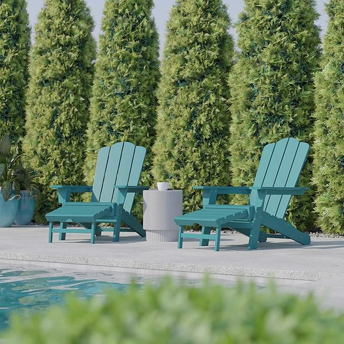 Flash Furniture Newport Adirondack Cup Holder and Pull Out Ottoman, All-Weather HDPE Indoor/Outdoor Lounge Chair, Set of 2, Blue