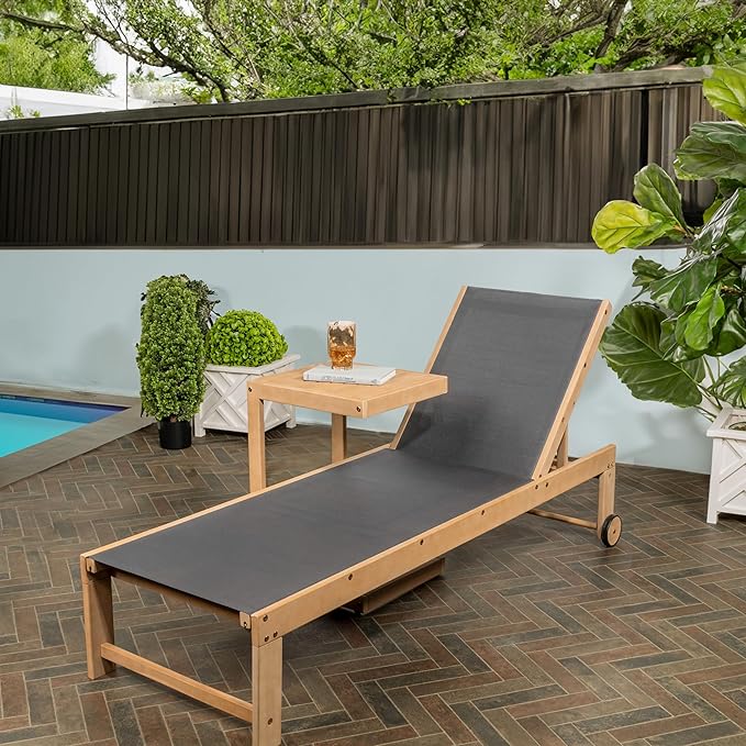 JONATHAN Y LNG1100B-2SET Trabuco Coastal Modern Acacia Wood Mesh 3-Position Outdoor Chaise Lounge Set with Side Table Transitional, Classic, Minimalist, Traditional, Contemporary, Dark Gray/Light Teak