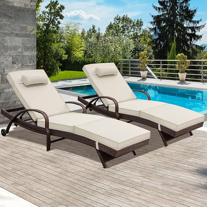 NOBLEMOOD Outdoor Lounge Chairs Set of 2 Wicker Chaise Lounge with Wheels, Cushion, Adjustable Backrest for Outside Pool Sun Shelf Tanning Bathing (Khaki)
