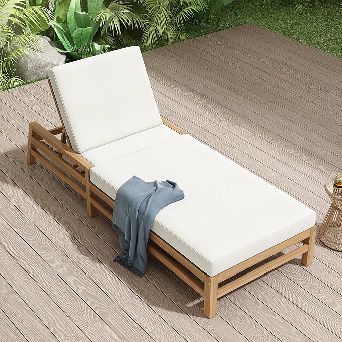 5-Position Adjustable Outdoor Chaise Lounge, Solid Wood Patio Recliner Chair with Thick Cushions for Pool - Photo 3