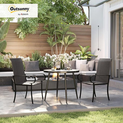 Outsunny Set of 2 Outdoor Wicker Dining Chairs, All-Weather Rattan Armchairs with Armrests, Steel Frame, High Back and Deep Seating, for Garden, Patio, Deck, Yard, Poolside, Brown