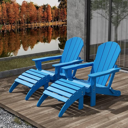 WestinTrends Malibu Outdoor Lounge Chair Set, 4-Pieces Adirondack Chair Set of 2 with Ottoman, All Weather Poly Lumber Patio Lawn Folding Chair for Outside Pool Beach, Pacific Blue